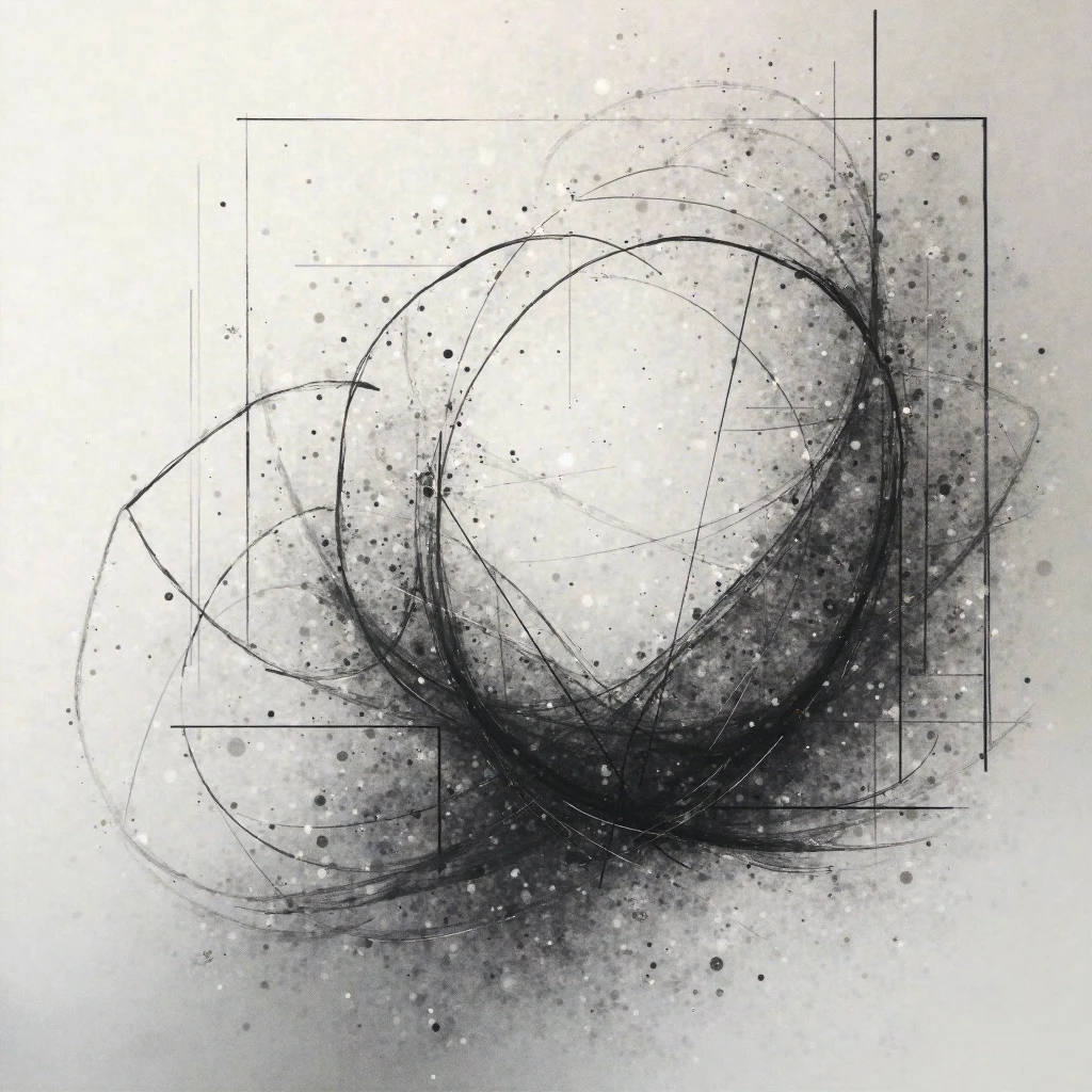 Composição abstrata de linhas, campos e relações sobrepostas.